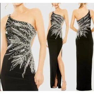 Mac Duggal 2207 Embellished One Shoulder Black Jersey Maxi Gown Cut Out Size 8
